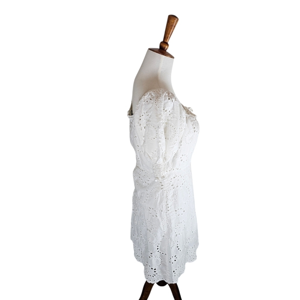 7 For All Mankind White Eyelet Boho‎ Cottagecore Puff Sleeve Mini Dress S - Picture 5 of 9